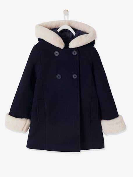 Manteau à capuche en drap de laine fille garnissage en polyester recyclé bleu marine+vieux rose 1 - vertbaudet enfant 