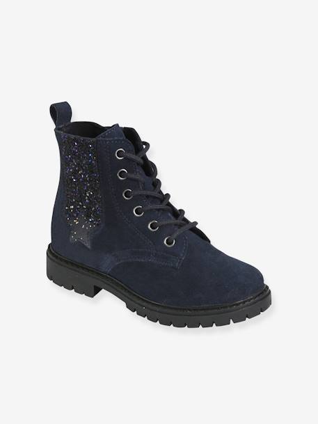 Bottines cuir fille lacées, zippées et élastiquées bleu marine 1 - vertbaudet enfant 