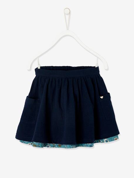 Jupe réversible fille en gaze de coton et imprimé fleurs marine reversible vert imprmé 1 - vertbaudet enfant 