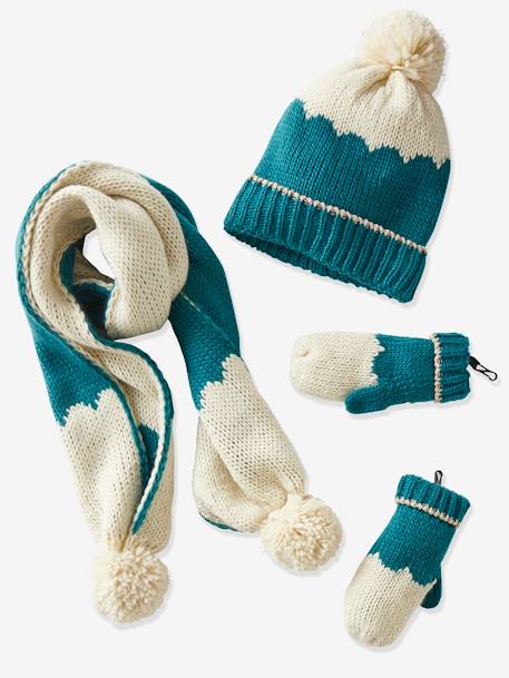 Ensemble bonnet + snood + gants ou moufles colorblock fille - marine, Fille