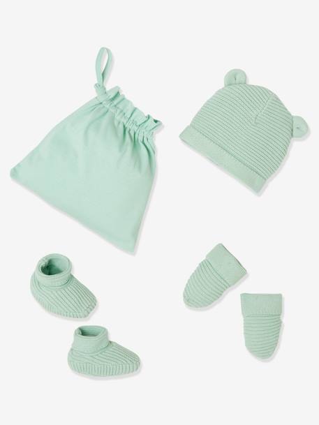 Ensemble bonnet, moufles et chaussons bébé naissance et son sac assorti Oeko-Tex® écru+vert sauge 4 - vertbaudet enfant 