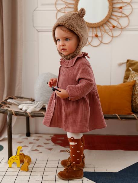 Robe collerette bébé en gaze de coton bois de rose+bronze 1 - vertbaudet enfant 