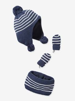 Bébé-Accessoires-Bonnet, écharpe, gants-Ensemble rayé bonnet + snood + moufles bébé garçon
