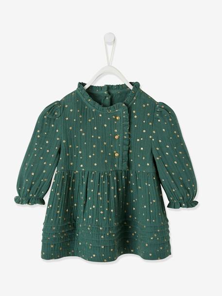 Robe bébé fille en gaze de coton ouverture décalée vert foncé imprimé 2 - vertbaudet enfant 
