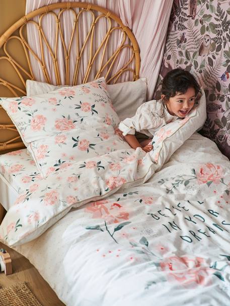 Parure housse de couette enfant et taie d'oreiller EAU DE ROSE écru / rose 1 - vertbaudet enfant 