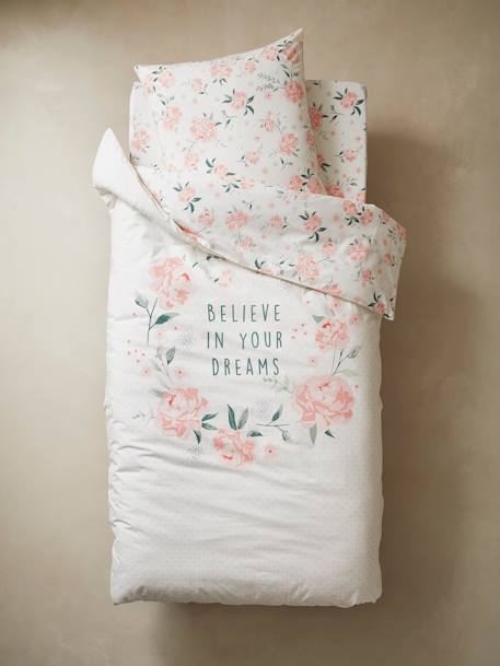 Parure housse de couette enfant et taie d'oreiller EAU DE ROSE écru / rose 4 - vertbaudet enfant 