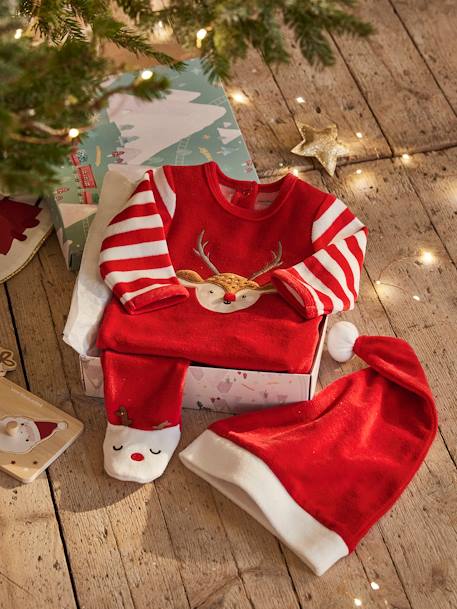 Coffret cadeau de Noël bébé dors-bien en velours + bonnet rouge brique 1 - vertbaudet enfant 