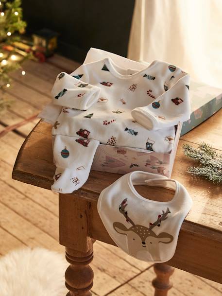 Coffret cadeau de Noël bébé dors-bien en velours + bavoir mixte ivoire imprimé 1 - vertbaudet enfant 