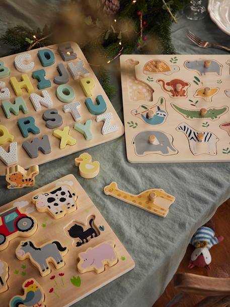 Puzzle lettres à encastrer en bois FSC® multicolore+ROSE CLAIR UNI AVEC DECOR 5 - vertbaudet enfant 