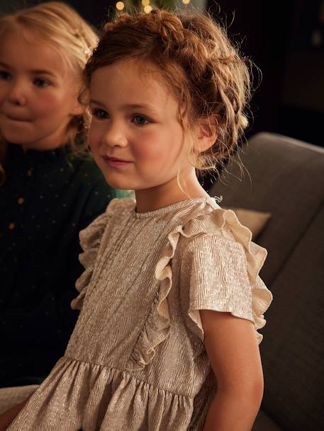 Robe de fête en tissu lamé fantaisie fille beige irisé+rose pâle 1 - vertbaudet enfant 