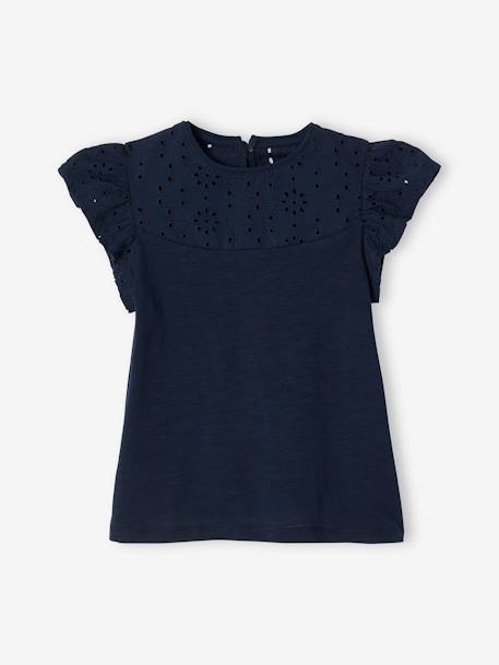 T-shirt fille avec détails broderie anglaise  Oeko-Tex® bleu marine+corail+jaune pâle+vert pâle 1 - vertbaudet enfant 