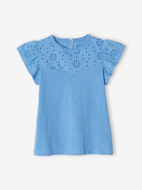 T-shirt fille avec détails broderie anglaise  Oeko-Tex® bleu grisé+bleu marine+corail+moutarde+vert pâle 1 - vertbaudet enfant 