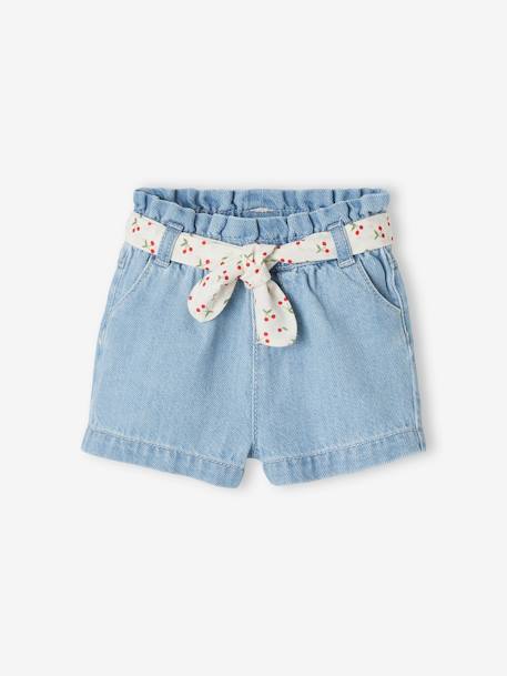 Short bébé fille paperbag avec ceinture imprimée denim bleached 1 - vertbaudet enfant 
