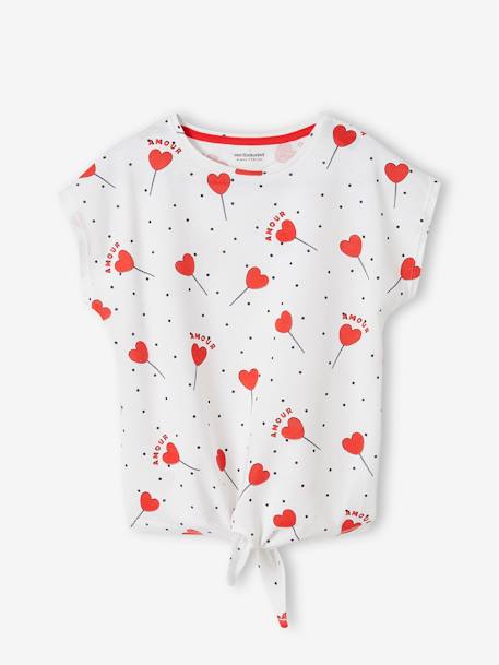 T-shirt imprimé fille avec noeud fantaisie blanc / rouge+écru+kaki+marine+rose mauve imprimé+vanille+vert 1 - vertbaudet enfant 
