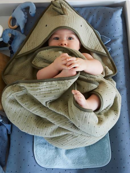 Petit dino bebe-Bébé-Cape de bain bébé en gaze de coton + gant de toilette PETIT DINO