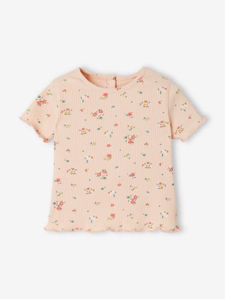 T-shirt à fleurs en maille côtelée bébé rose grisé imprimé 1 - vertbaudet enfant 