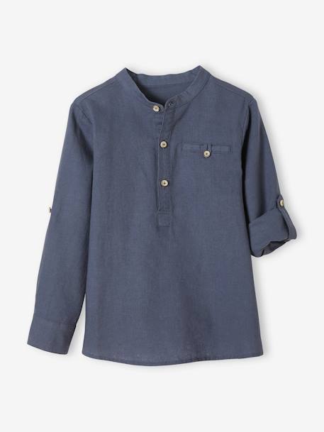 Chemise col Mao en coton/lin garçon manches retroussables Bleu moyen 2 - vertbaudet enfant 