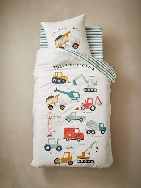 Parure housse de couette enfant et taie d'oreiller QUEL CHANTIER ! écru / multicolore 4 - vertbaudet enfant 