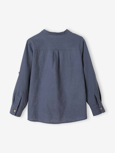 Chemise col Mao en coton/lin garçon manches retroussables Bleu moyen 3 - vertbaudet enfant 