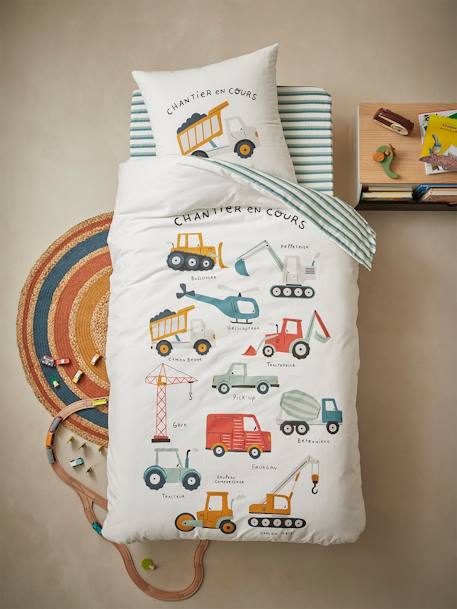 Parure housse de couette enfant et taie d'oreiller QUEL CHANTIER ! écru / multicolore 3 - vertbaudet enfant 