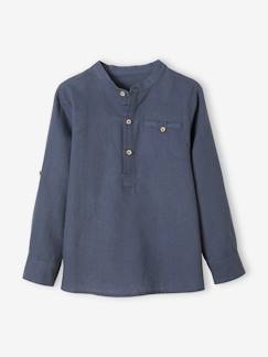 -Chemise col Mao en coton/lin garçon manches retroussables