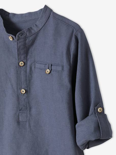 Chemise col Mao en coton/lin garçon manches retroussables Bleu moyen 4 - vertbaudet enfant 
