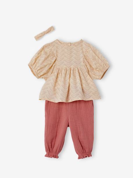 Ensemble blouse, pantalon et bandeau bébé beige rosé imprimé 1 - vertbaudet enfant 