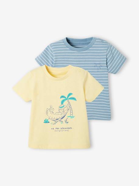Lot de 2 T-shirts bébé garçon motifs animaux rigolos Oeko-Tex® lot jaune clair+lot marine foncé+lot turquoise 1 - vertbaudet enfant 