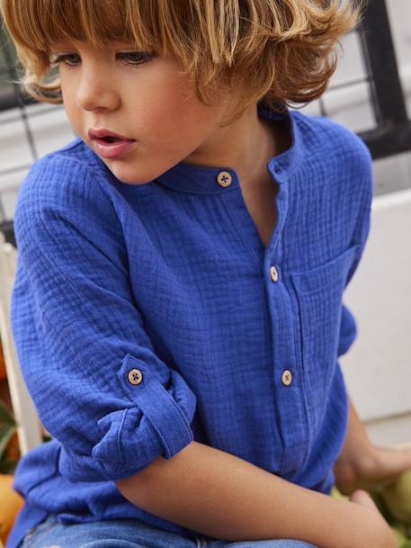 Chemise en gaze de coton personnalisable garçon manches retroussables Bleu moyen+écru+jaune+vert 1 - vertbaudet enfant 