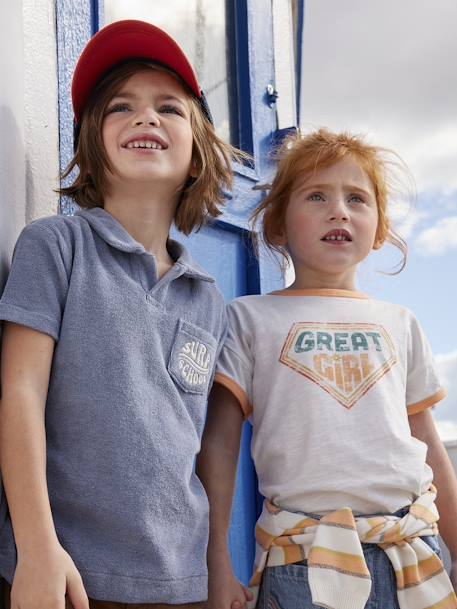 Polo en éponge garçon avec inscription brodée bleu 1 - vertbaudet enfant 
