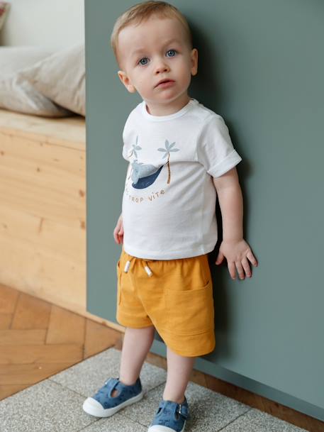 Ensemble T-shirt imprimé + short baggy bébé blanc+gris clair chiné 2 - vertbaudet enfant 
