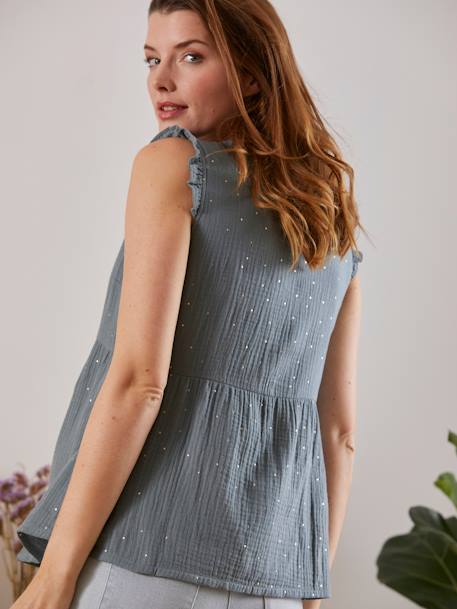 Blouse de grossesse et d'allaitement gaze de coton BLANC CLAIR IMPRIME+VERT MOYEN UNI AVEC DECOR 11 - vertbaudet enfant 