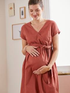 Vêtements de grossesse-Robe longue cache-coeur lin et coton grossesse et allaitement