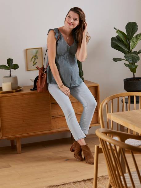Blouse de grossesse et d'allaitement gaze de coton BLANC CLAIR IMPRIME+VERT MOYEN UNI AVEC DECOR 19 - vertbaudet enfant 