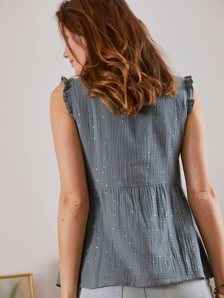 Blouse de grossesse et d'allaitement gaze de coton BLANC CLAIR IMPRIME+VERT MOYEN UNI AVEC DECOR 10 - vertbaudet enfant 