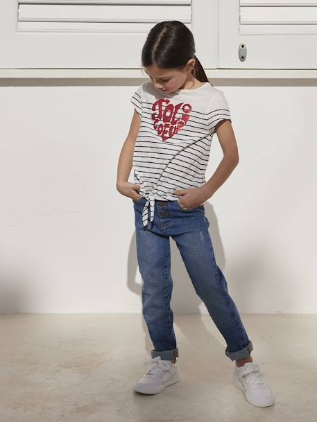 Tee-shirt rayé motif girly à paillettes blanc rayé+marine rayé 4 - vertbaudet enfant 