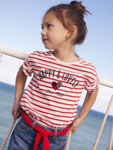 Tee-shirt rayé avec coeur en sequins fille écru rayé+marine+rayé bleu 1 - vertbaudet enfant 