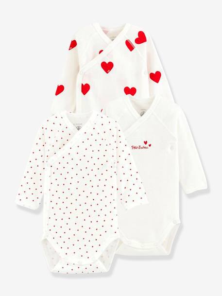 Lot de 3 bodies croisés manches longues coeurs bébé naissance en coton bio PETIT BATEAU  - vertbaudet enfant