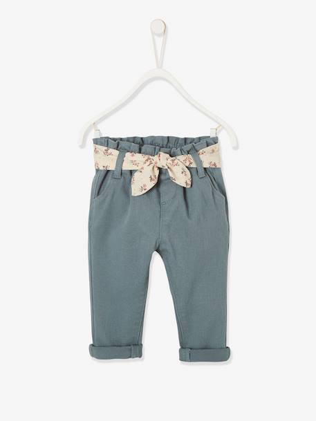 Pantalon avec ceinture en tissu bébé vert grisé+vieux rose 1 - vertbaudet enfant 