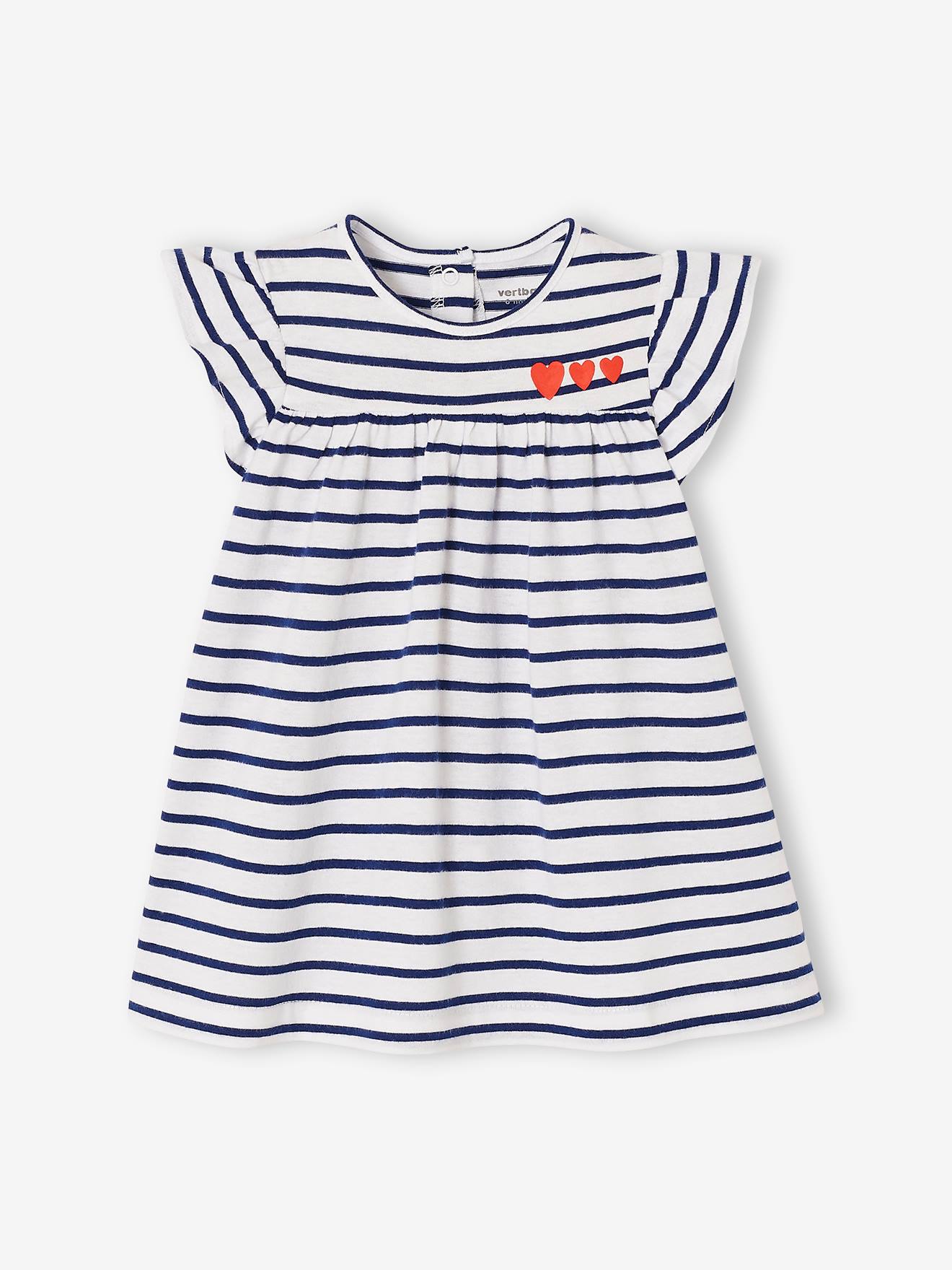 Robe Bébé En Denim Brodé - Col Volanté Et Manches Bouffantes - 100% Coton - Boutonnage Dans Le Dos