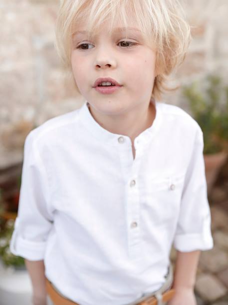 Chemise col Mao en coton/lin garçon manches retroussables blanc+bleu ciel+Bleu moyen+vert 1 - vertbaudet enfant 