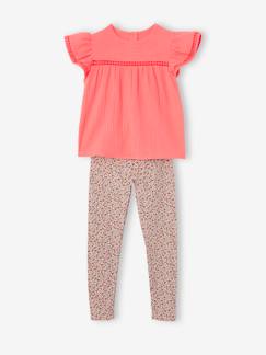 Fille-Pantalon-Ensemble fille blouse en gaze de coton brodée et legging imprimé fleurs