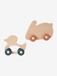 Jouet-Premier âge-Set de 2 animaux à roulettes en bois et silicone