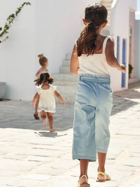 Pantacourt fille large en denim léger style 'paperbag' bleu moyen+double stone 14 - vertbaudet enfant 