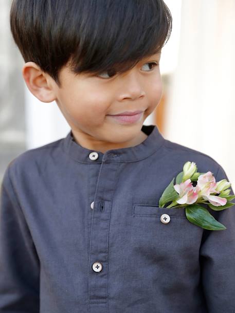Chemise col Mao en coton/lin garçon manches retroussables blanc+bleu ciel+Bleu moyen+vert 17 - vertbaudet enfant 