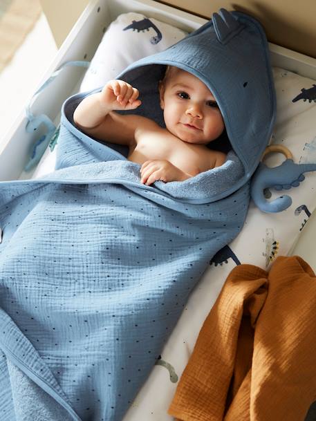 Cape de bain bébé en gaze de coton + gant de toilette PETIT DINO Oeko-Tex® bleu+vert 3 - vertbaudet enfant 