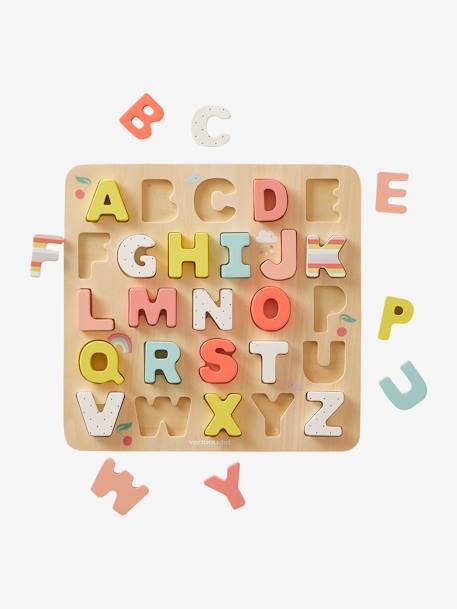 Puzzle lettres à encastrer en bois FSC® multicolore+ROSE CLAIR UNI AVEC DECOR 9 - vertbaudet enfant 
