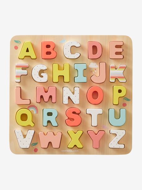Puzzle lettres à encastrer en bois FSC® multicolore+ROSE CLAIR UNI AVEC DECOR 8 - vertbaudet enfant 