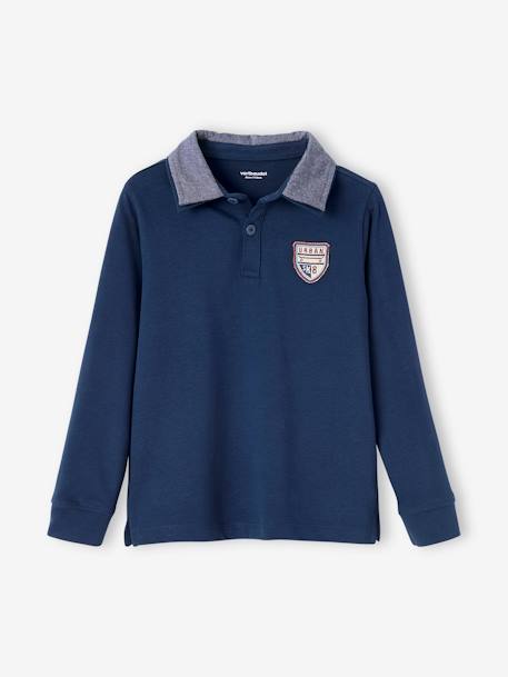 Polo garçon avec badge et col en chambray dark bleu indigo+gris clair chiné 1 - vertbaudet enfant 