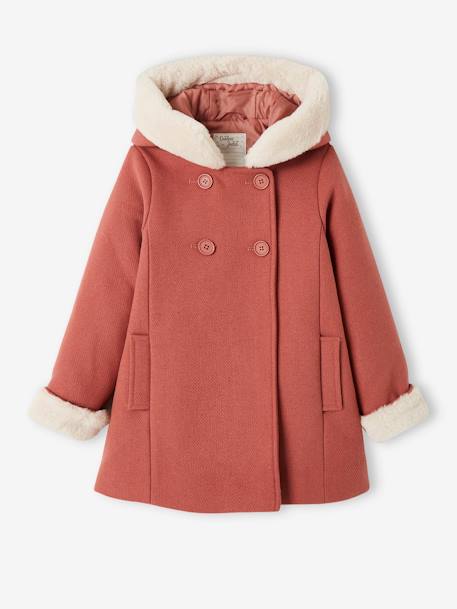Manteau à capuche en drap de laine fille garnissage en polyester recyclé vieux rose 1 - vertbaudet enfant 